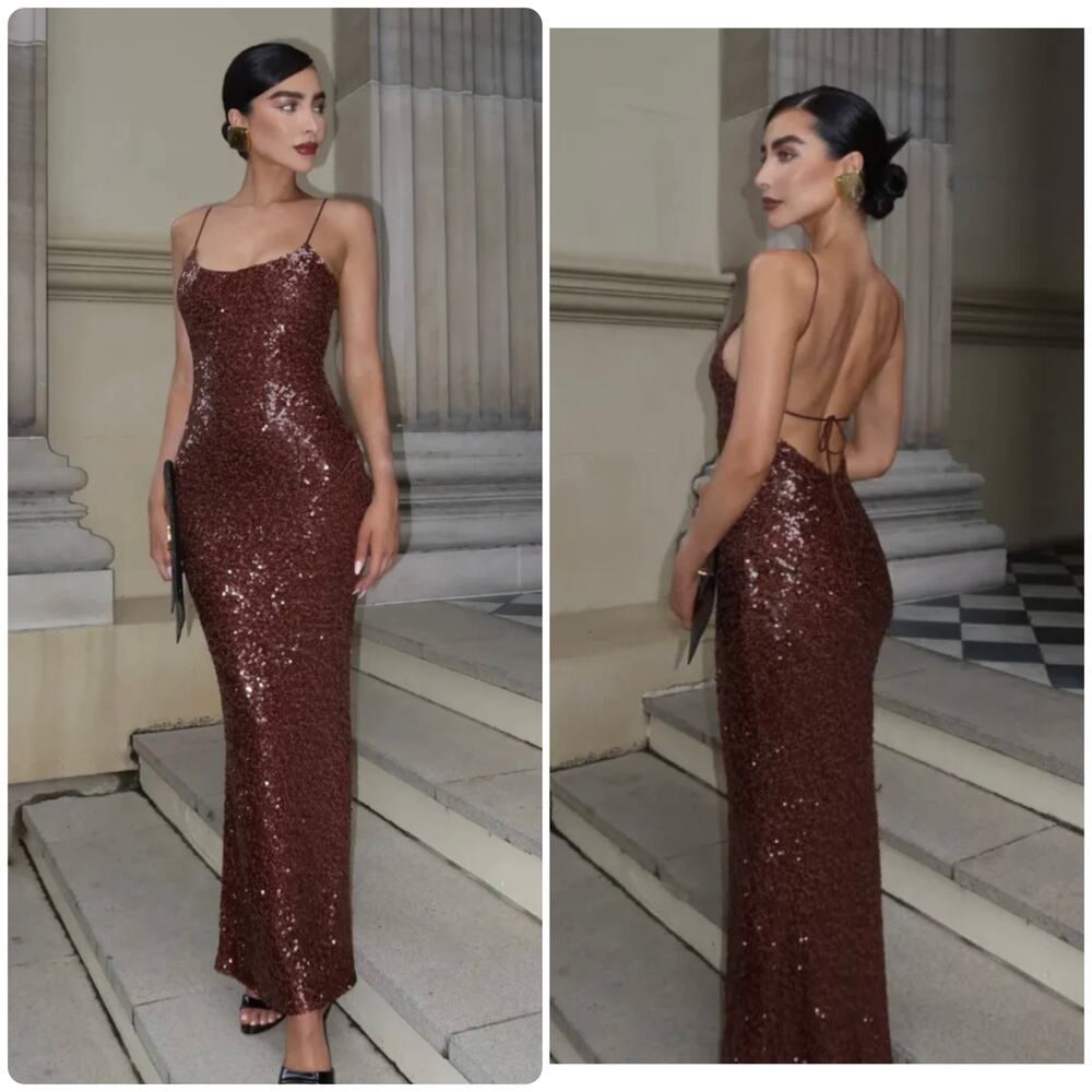 Meshki Brianna Maxi Brown Sequin Dress Open Back size M